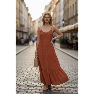 Chelsea & Theodore Rust Orange Button Front Tiered Maxi Dress XS NWT